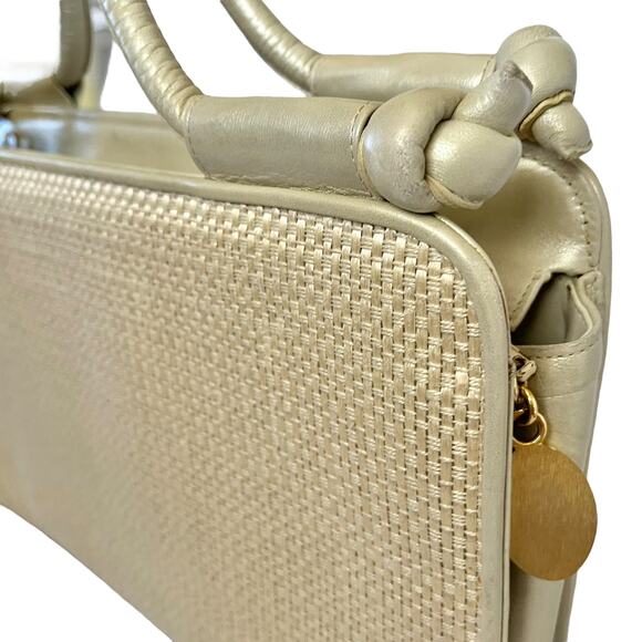 Vintage Stuart Weitzman Shimmering Leather Woven Straw Evening Bag Satchel - Picture 10 of 12